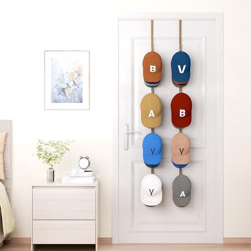 HapiRm Over Door Hat Rack - 2 Packs Hat Organizer with 8 Hooks Design, Hanging Baseball Cap Organizer Storage Holds Up to 40 Caps for Door, Bedroom, Closet (Gold) - Image 6