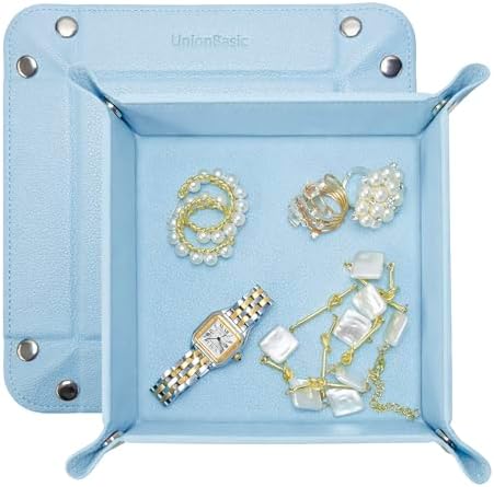 UnionBasic Small Jewelry Tray for Rings Watches Earrings, Entryway Catchall Caddy for Coins Keys Change, Nightstand Bedside Valet Holder, Trays for Electronic Gadgets, Lychee Pale Blue by UnionBasic