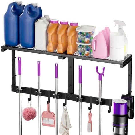 Heavy Duty Broom Holder Wall Mount, All-Metal Mop Rack with Storage Shelves by YUWANTING