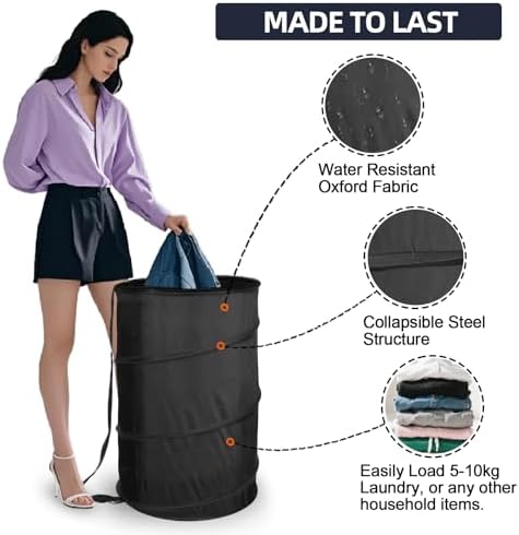 BATTOO Extra Large 107L Strong Laundry Hamper 17.5" x 27" Collapsible Laundry Baskets with Long Straps Drawstring Barrel Foldable Hamper for Laundry Room, Bathroom, Campout, College Dorm or Travel - Image 4
