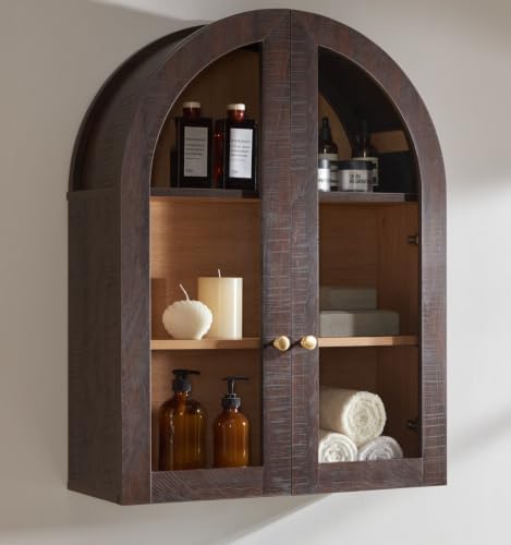 Bathroom Arched Wall Cabinet Over The Toilet Storage Cabinet, 23.5×31.4 Inch bathroom cabinet wall mount with Glass Doors & Adjustable Shelves, Wood Cabinet for Laundry Room, Kitchen, Brown/Natural by Unknown