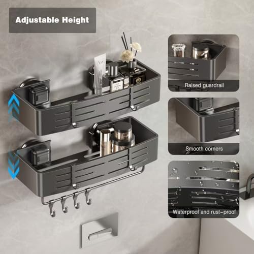 Voldra Shower Caddy Suction Cup, 1 Pack Shower Shelves for Inside Shower No Drilling, Aluminum Suction Showers Organizer with Towel Bar & Hooks Removable Bathroom Shelf Storage Rack(Gray) - Image 2