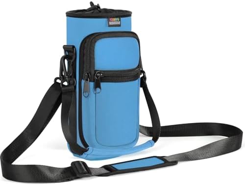 Nuovoware Water Bottle Carrier Bag, 25oz/32oz Bottle Pouch Holder, Adjustable Shoulder Hand Strap 2 Pocket Sling Neoprene Sleeve Sports Accessories for Hiking Travelling Camping, Azure Blue by NUOVOWARE