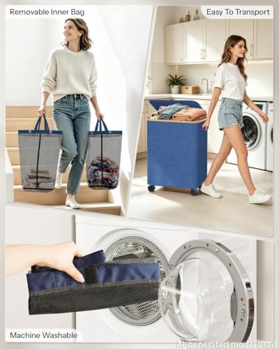 Double Laundry Basket with Wheels and Lid, 150L Clothes Hampers for Laundry - Image 4