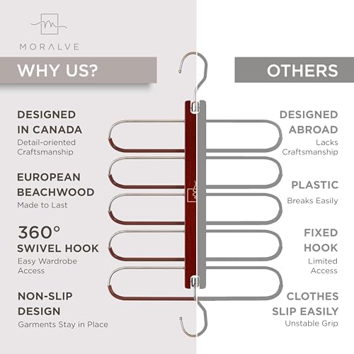 MORALVE Pants Hangers Space Saving - 4 Pack European Beechwood Scarf and Jean Hangers - Closet Organizer and Space Saver Pant Rack, Leggings Hanger, and Scarf Holder with 360° Swivel Hook - Image 5