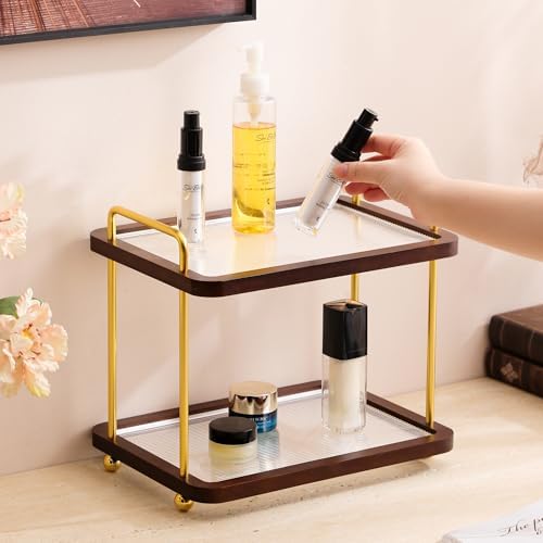 2-Tier Bathroom Counter Organizer with Transparent Stripe Acrylic Shelves, Brown Wood Frame and Black Metal Support, Rustproof Vanity Storage Rack for Skincare Cosmetics and Toiletries - Image 7