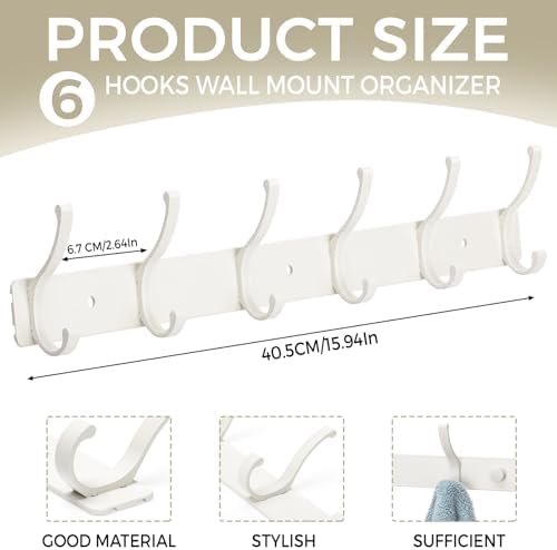 Wall Mount Coat Rack 1 Pack, White Coat Hooks Hanger with 6 Double Hooks - Image 2