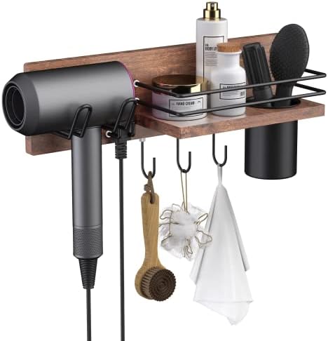 RoleDes Wooden Hair Dryer Holder Wall Mounted, Bathroom Hair Tool Organizer, Blow Dryer Holder Shelf, Curling Iron and Hair Styling Tools Organizer by DesignedManufacturedbyRoleDes