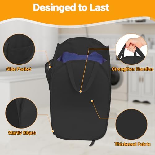 Pop Up Laundry Hamper with Side Pockets, Foldable Laundry Basket Reinforced, Privacy Protection Collapsible Basket, Sturdy and Lightweight Clothes Hamper for Dorm, Bedrooms, Bathrooms, Travel black - Image 7