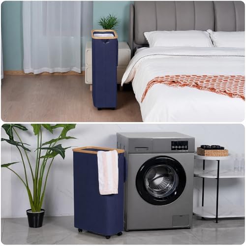 efluky Slim Laundry Hamper with Wheels, Narrow Laundry Basket with Lid and Removable Bag, Aesthetic Dirty Clothes Hamper on Wheels for Laundry Room, Bedroom, Dorm and Bathroom, 75L Beige - Image 6