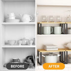 Kitchen Cabinet Organizer Shelf Set of 4, Sturdy Kitchen Counter Shelves with Metal Legs, Stackable Expandable Wood Spice Rack Pantry Cupboard Dish Mug Cup Storage Organizer Shelf,Black+Bamboo - Image 4