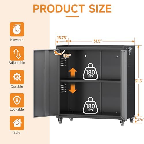 Metal Garage Storage Cabinet with Wheels, Adjustable Rolling Tool Storage Cabinet with Lock, 34" Steel Locking Tool Cabinet with Doors and Shelves for Garage, Warehouse (Black&Gray, 34.3" H) - Image 3