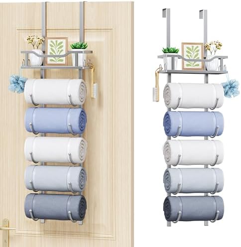 SWTYMIKI Over the Door Towel Rack - 6 Tier Towel Racks for Bathroom Wall Mounted, Towel Holder with Shelf, Hanging Rolled Towel Storage Organizer for Small Bathroom, Camper, RV, Sliver by SwtyMiki-TidyHomeSweetLife
