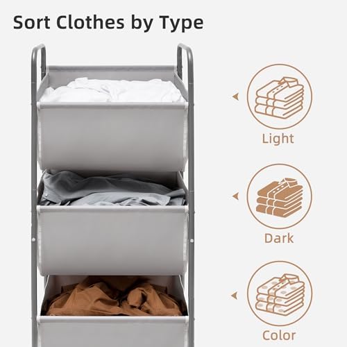 STORAGE MANIAC 120 Liters Vertical Rolling Laundry Hamper, 3 Section Laundry Sorter with Wheels and 2 Breaks, 3-tier Laundry Baskets for Small Space, Dorm, Laundry Room, Closet, Bathroom, Gray 3-tier - Image 5