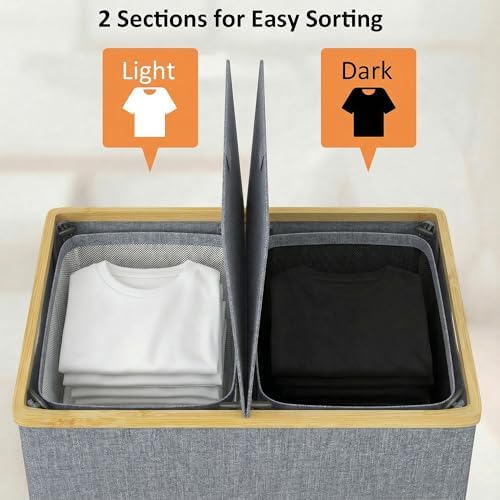 efluky Double Laundry Hamper with Lid and 2 Removable Bags, Blue Grey - Image 5