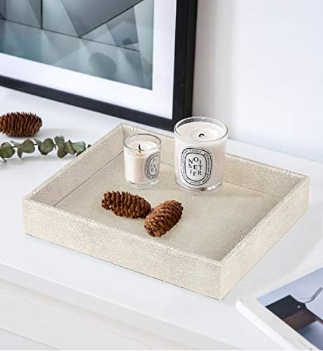 HofferRuffer Elegant Desktop Organizer, Vanity Tray, Bathroom Storage Tray Holder, Dresser Jewelry Tray, Change Coin Key Watch Catchall Tray, 10.2 x 8.4 x 1.8 inches (Light Grey Faux Leather Shagreen) - Image 4