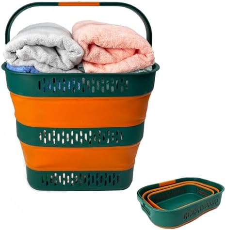 SAMMART 38L(10 Gal) Collapsible Laundry Basket - Foldable Pop-Up Storage Container/Organizer-Portable Space Saving Hamper, Measure 17.5x13.3x15.7/3.8" Expanded/Collapsed (1, Teal Green/Autumn Leaf) by SAMMART