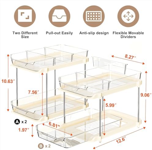 Delamu 2-Tier Multi-Purpose Bathroom Under Sink Organizers and Storage, Stackable Kitchen Pantry Organization, Pull Out Medicine Cabinet Organizer with Movable Dividers, Beige, 4 Pack - Image 2
