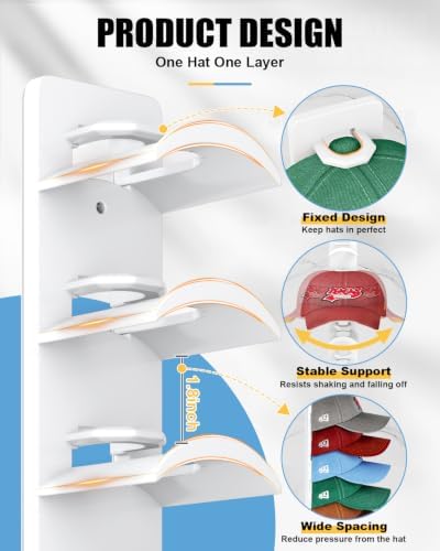 Hat Organizer for Baseball Caps, 2 Pack Strong Adhesive Hat Rack for Wall, Multilayer Wall Mount Hat Storage Holder for Closet Door - Hat Hanger Hold Up to 18 Hats (White) - Image 3