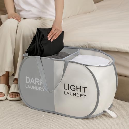 Collapsible Laundry Baskets with 2 Compartments, Black + Begie - Image 2