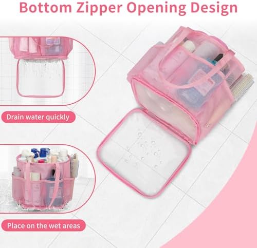 Mesh Shower Caddy Portable for College Dorm Room Essentials, Hanging Shower Caddy with Waterproof Phone Pouch, Large Capacity Shower Bag Basket Tote for Bathroom, Gym, Camping, Swimming, Beach, Pink - Image 3