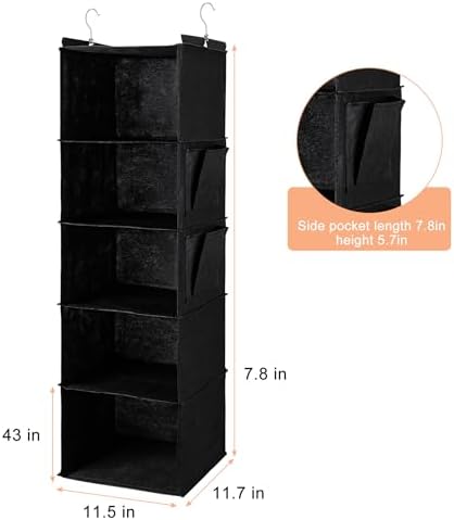 BOOMIBOO Hanging Closet Organize and Shelves,5-Hanging Shelf（2 Pack,Black） | with 2 Side Pockets，Storage Foldable - Image 3