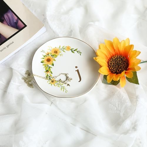 COLLECTIVE HOME - Ceramic Jewelry Tray, Trinket Dish for Rings Earrings Necklaces Bracelet Watch Keys, Birthday Mother's Day Christmas Gift for Women, 4.75", White Surface wirh Sunflowers (j) - Image 3