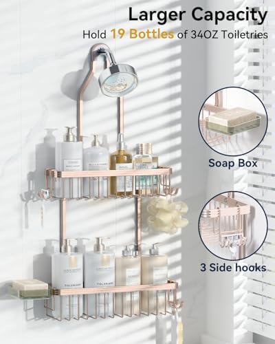 YASONIC Never Rust Shower Caddy Hanging, Aluminum Shower Racks for Inside Shower, 2-Tier Shower Organizer Hanging Over Shower Head with Hooks and Soap Holder, Rose Gold - Image 3