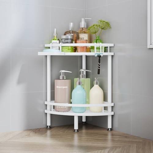 HapiRm Standing Corner Shower Caddy - 2 Tier Shower Organizer Corner with Soap Holder and 4 Hooks, Rustproof Bathroom Storage Shelves with Adhesives, White by HapiRm