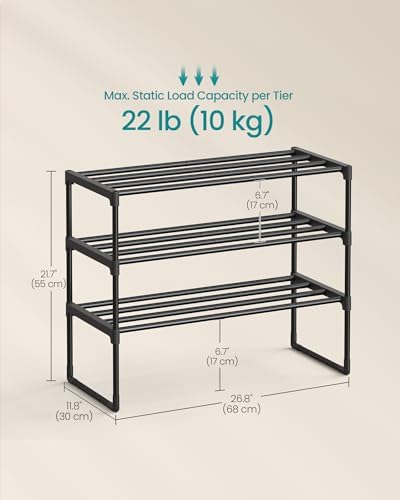 SONGMICS Shoe Rack, 3-Tier Shoe Organizer, Metal Storage Shelf | for Entryway, Upright or Upside Down, for 8-12 Pairs, Stackable, 11.8 x 26.8 x 21.7 Inches, Black ULSA203B01 - Image 3