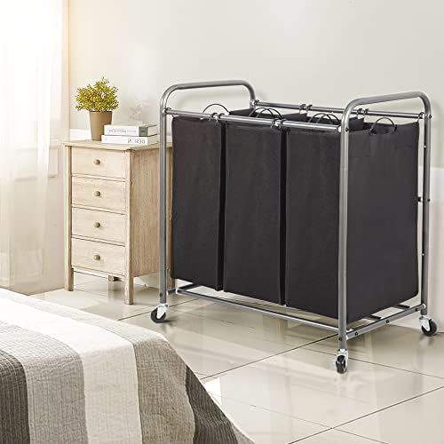 STO STO Laundry Sorter 3 Section, 3 Bag Clothes Hamper, Rolling Laundry Cart Basket with Heavy Duty Lockable Wheels and Removable Bag for Laundry Room, Bedroom, Closet, Black - Image 2