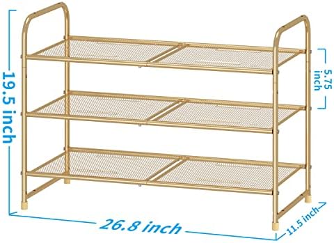 Simple Trending 3-Tier Stackable Shoe Rack, Expandable & Adjustable Shoe Shelf Storage Organizer, Metal Mesh, Gold - Image 3