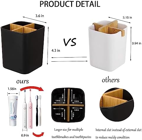 Bamboo Toothbrush Holder for Bathrooms Toothpaste Organizer - Black - Image 2