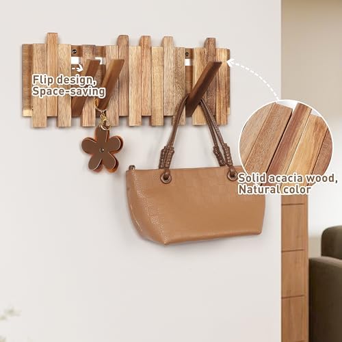 Wall Coat Rack for Entryway: Folding Wood Rustic 8 Hooks - Image 5