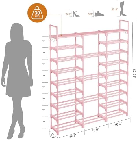 WOWLIVE 9 Tier 3-Column Shoe Rack, 50-55 Pairs Stackable Pink - Image 3