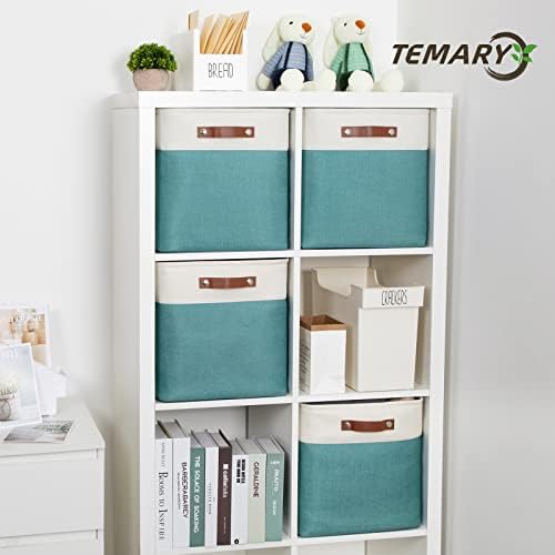 Temary Fabric Storage Cubes 13x13 Storage Baskets for Organizing, 4Pack Large Fabric Storage Bins with Handles Cube Storage Baskets for Storage Clothes, Books (White&Teal) - Image 6