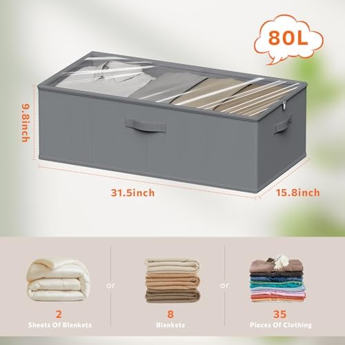 10inch 3 Pack Under Bed Storage Containers, 10 Inch Tall Underbed Clothes Storage Organizer Bin with Clear Window，Foldable Box Basket for Clothes, Closet, Bed Sheets and Blankets Gray - Image 2