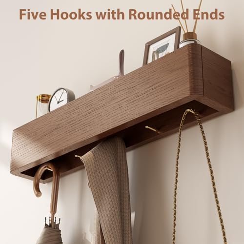 CycleCrew Solid Wood Wall Mounted Coat Rack with Shelf Hooks - Modern Floating Shelves with 5 Hidden Hooks, Heavy Duty Entryway Coat Key Holder Hanger for Hallway Bathroom Bedroom Home Decor - Image 6