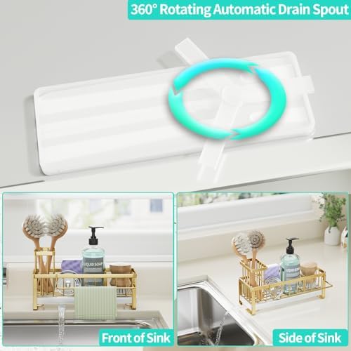 HapiRm Sponge Holder for Kitchen Sink - Self-draining Sink Caddy with Brush Holder and Dishcloth Holder, Stainless Steel Kitchen Organizer for Countertop - Gold - Image 2