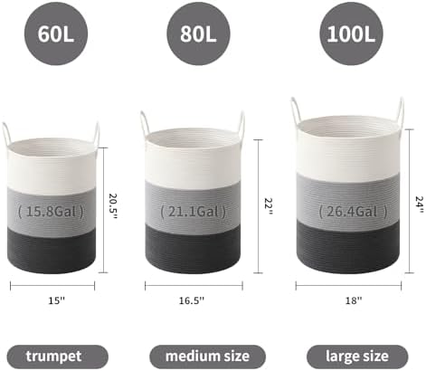 Laundry Basket Hamper Tall Rope Storage Woven for Blanket toys Dirty Clothes in Living Room Bathroom Bedroom (Gradient Grey, 60L/15.8Gal) - Image 3