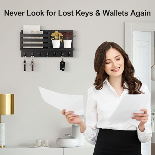 Lwenki Key Holder for Wall – Decorative Wooden Mail Holder and Key Shelf with Mounting Hardware, Installation Guide – Paulownia Wood with Metal Key Hooks (Black, Extra Large - 15.6inch) - Image 6