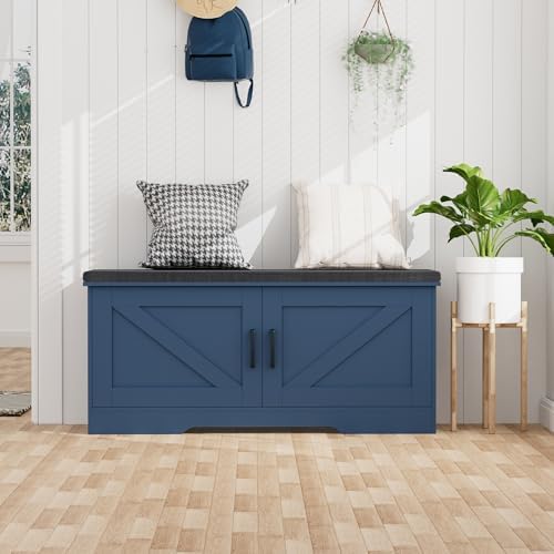 HOMSHO Farmhouse Shoe Storage Bench with 2 Barn Doors & Padded Seat Cushion - Image 2