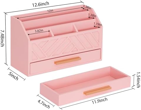 dreampossible Pink Wood Desk Organizer and Accessories with Drawer, Bill Mail Organizer and File Mail Holder for Office Supplies, Modern Desk Accessories & Workspace Organizers for Desk Organization - Image 6