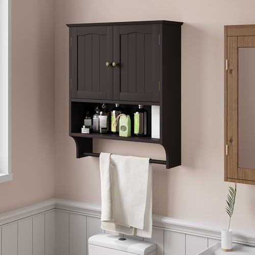 Smuxee Brown Wall Cabinet with Towel Bar - Medicine Cabinet with Adjustable Shelves, Over Toilet Cabinet for Laundry Room Kitchen - Image 2