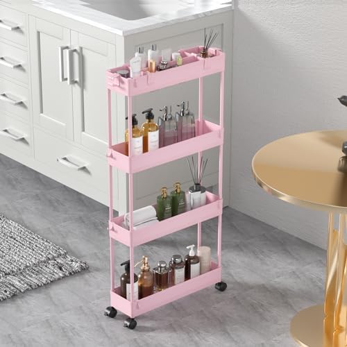 SPACELEAD Slim Storage Cart 4 Tier,Bathroom Organizer Rolling Utility,Mobile Shelving Unit Slide Out for Office, Kitchen, Laundry Room & Narrow Places,Pink by Home