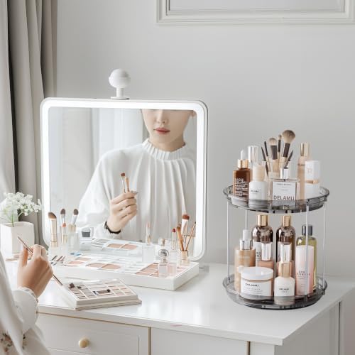 Delamu 2 Tier Rotating Makeup Organizer for Vanity, Skincare Organizer for Bathroom Counter, Spinning Perfume Organizer Cosmetic Holder with Large Capacity, Grey - Image 6
