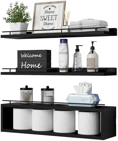 WOPITUES Floating Shelves for Wall 24 inch with Cube Shelf, Wall Shelves with Metal Rail for Decor, Bathroom Organizers and Storage, Over Toilet Shelves for Bathroom, Toilet Paper-Black by WOPITUESOfficial
