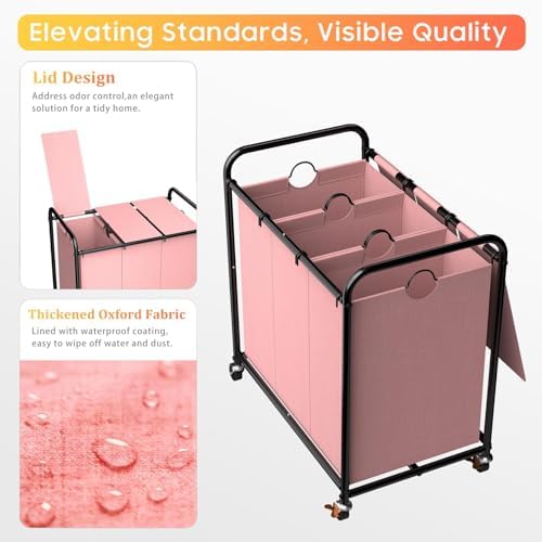 180L Laundry Sorter 3 Section, Rolling Laundry Basket with Wheels and Lid - Image 3