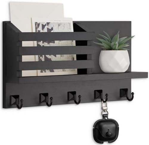 Key Holder Wall Mount, Mail Organizer for Wall with 5 Square Key Hooks by Lucundm