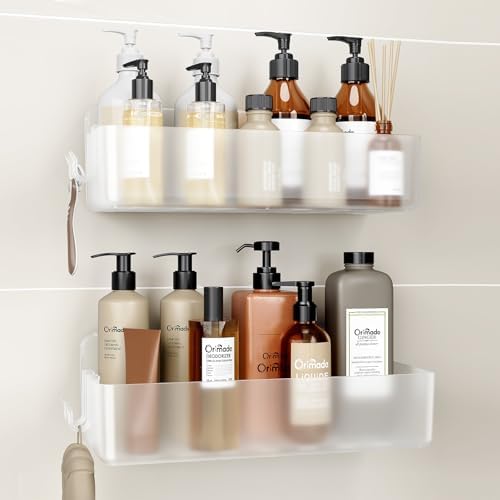 Orimade Shower Caddy 2-Pack, No-Drill Adhesive Shelves with 4 Hooks for Bathroom, Rustproof ABS Plastic Storage Organizer Set, Clear by Orimade